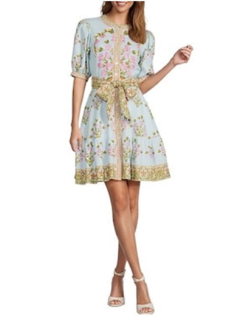 A loves A Light Green linen blend Floral Tie-Waist Mini Dress - Picture 8 of 8